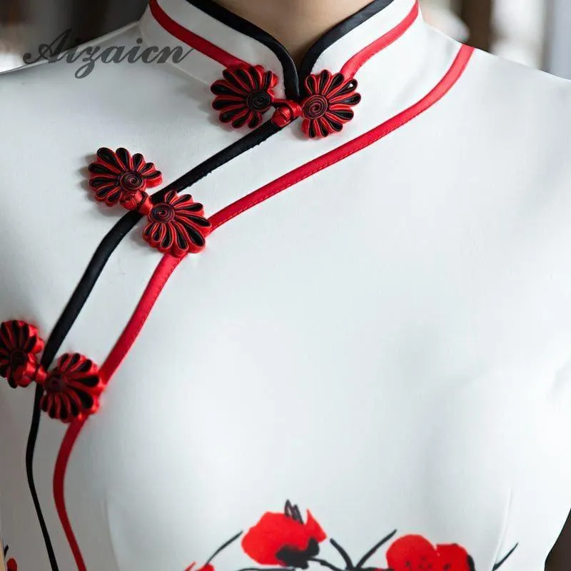 Red Flower Cheongsam White Long Qipao Traditional Dress Oriental Style Maxi Dress