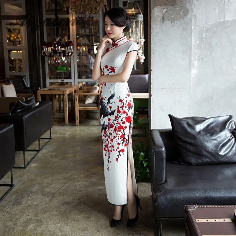 Red Flower Cheongsam White Long Qipao Traditional Dress Oriental Style Maxi Dress