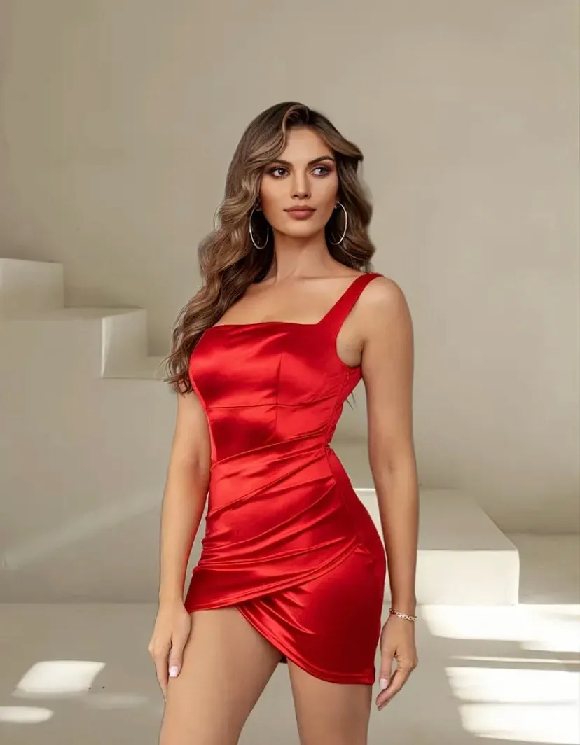 Red Satin Square Neck Bodycon Dress