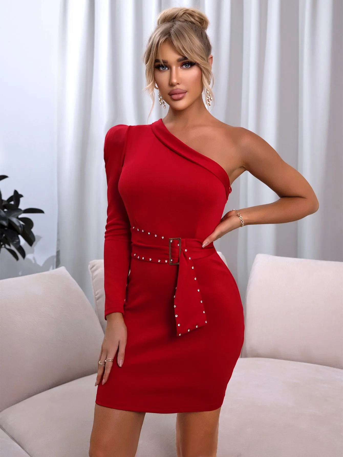 Rhinestone Detail Belted One-Shoulder Bodycon Dress