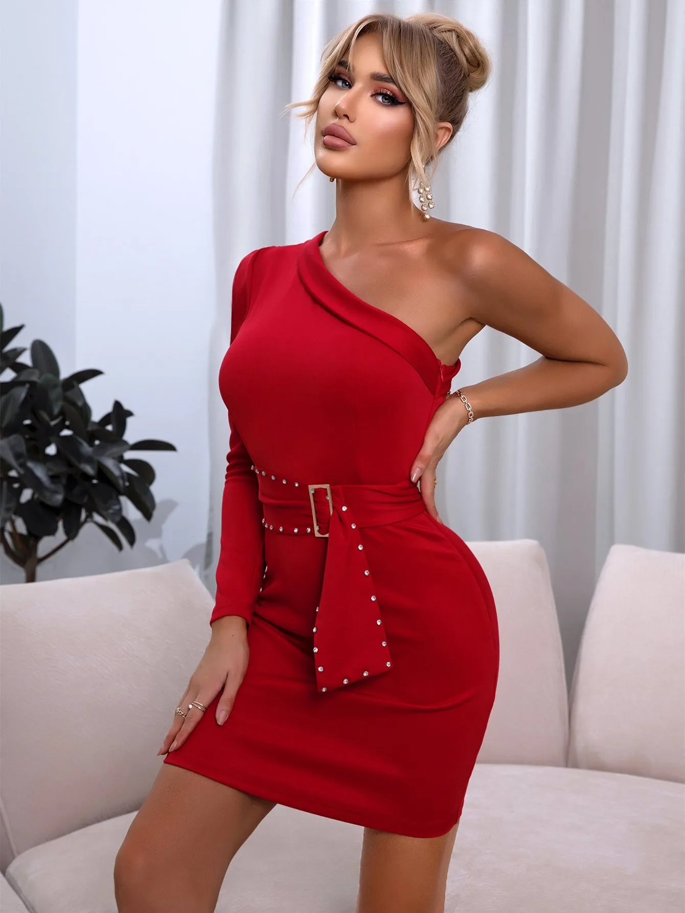 Rhinestone Detail Belted One-Shoulder Bodycon Dress