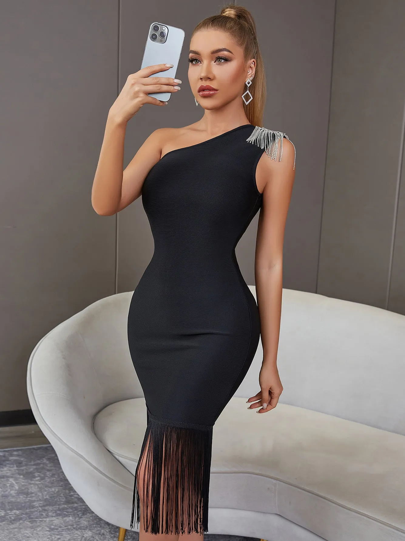 Rhinestone Detail Fringe Hem One-Shoulder Bodycon Dress