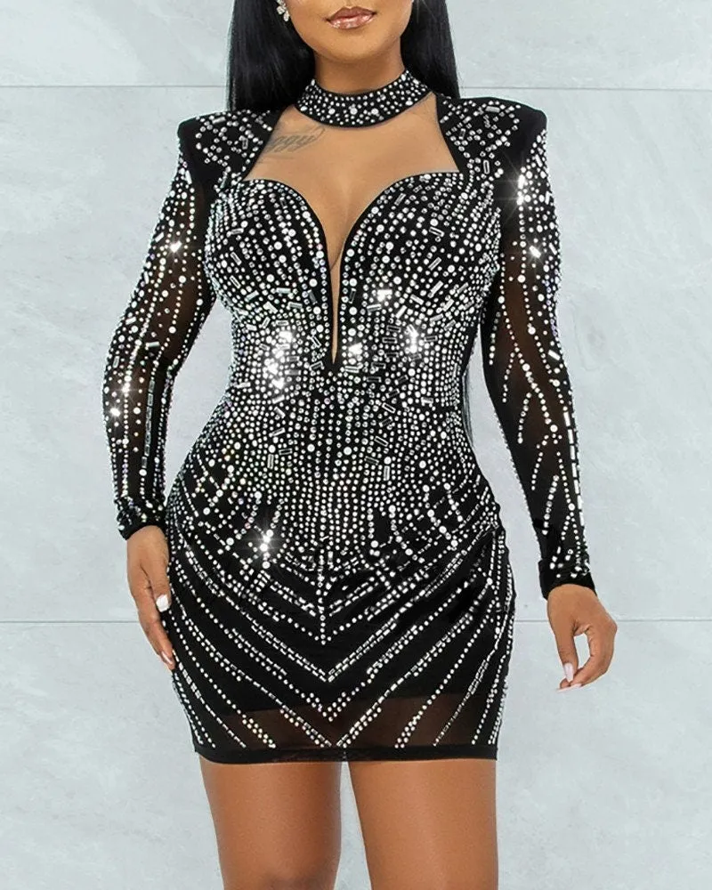 Rhinestone Long Sleeve Party Dress