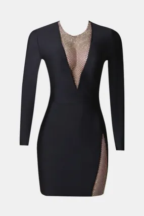 Rhinestone Spliced Mesh Long Sleeve Bodycon Dress