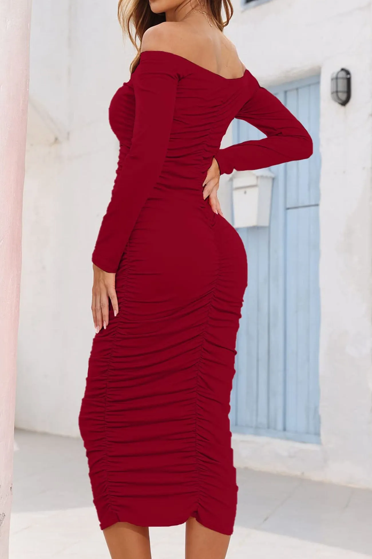 Ruched Off Shoulder Long Sleeve Bodycon Midi Dress