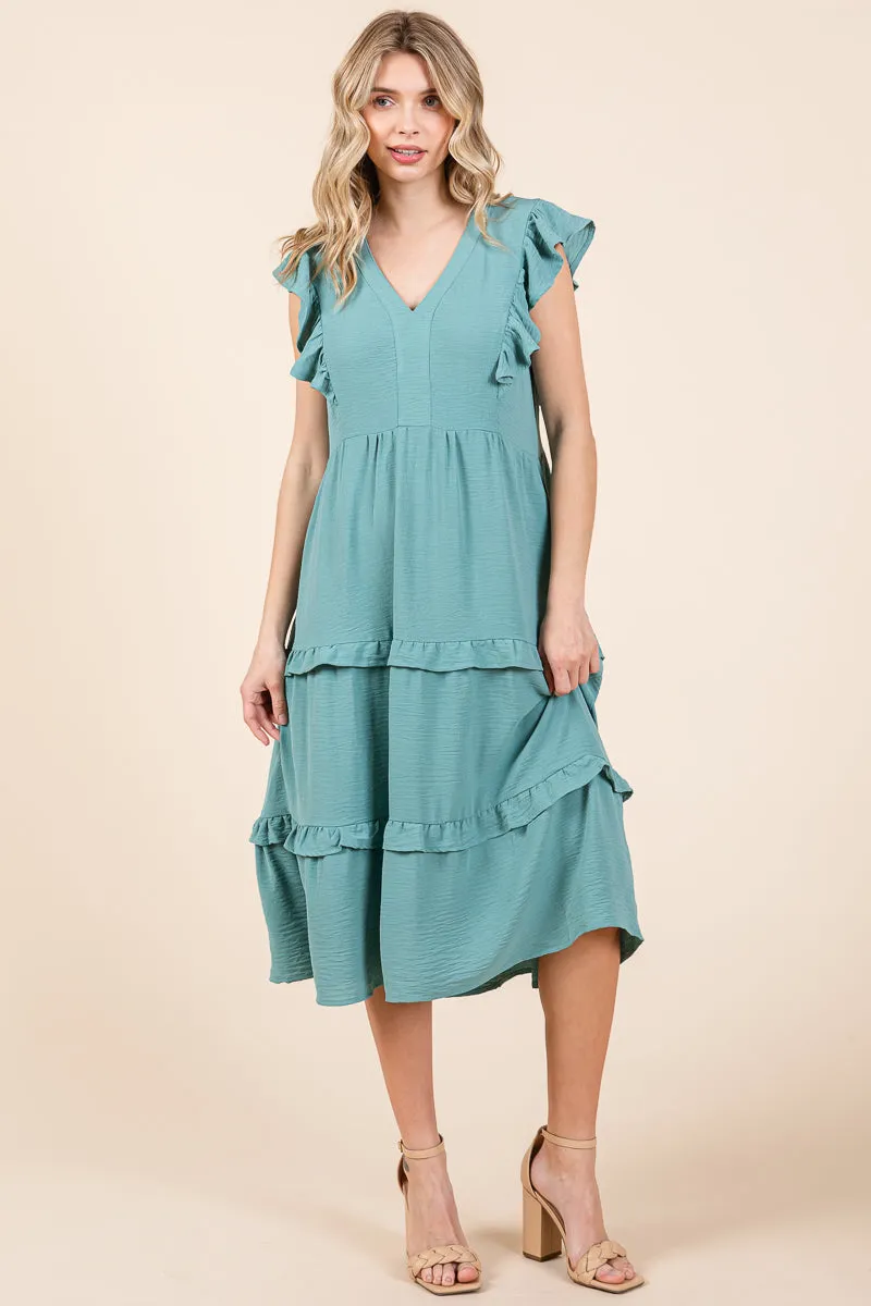 Ruffled Cap Sleeve Tiered V neck Midi dress