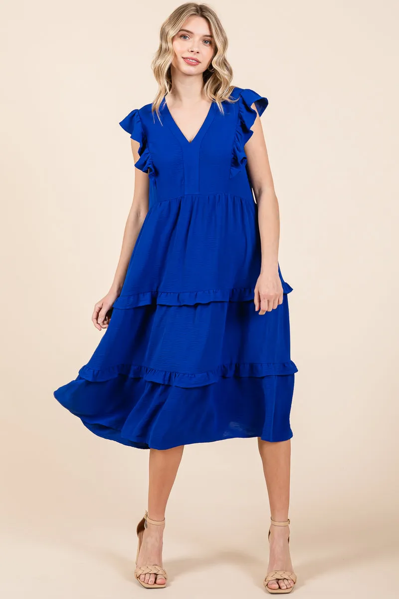 Ruffled Cap Sleeve Tiered V neck Midi dress