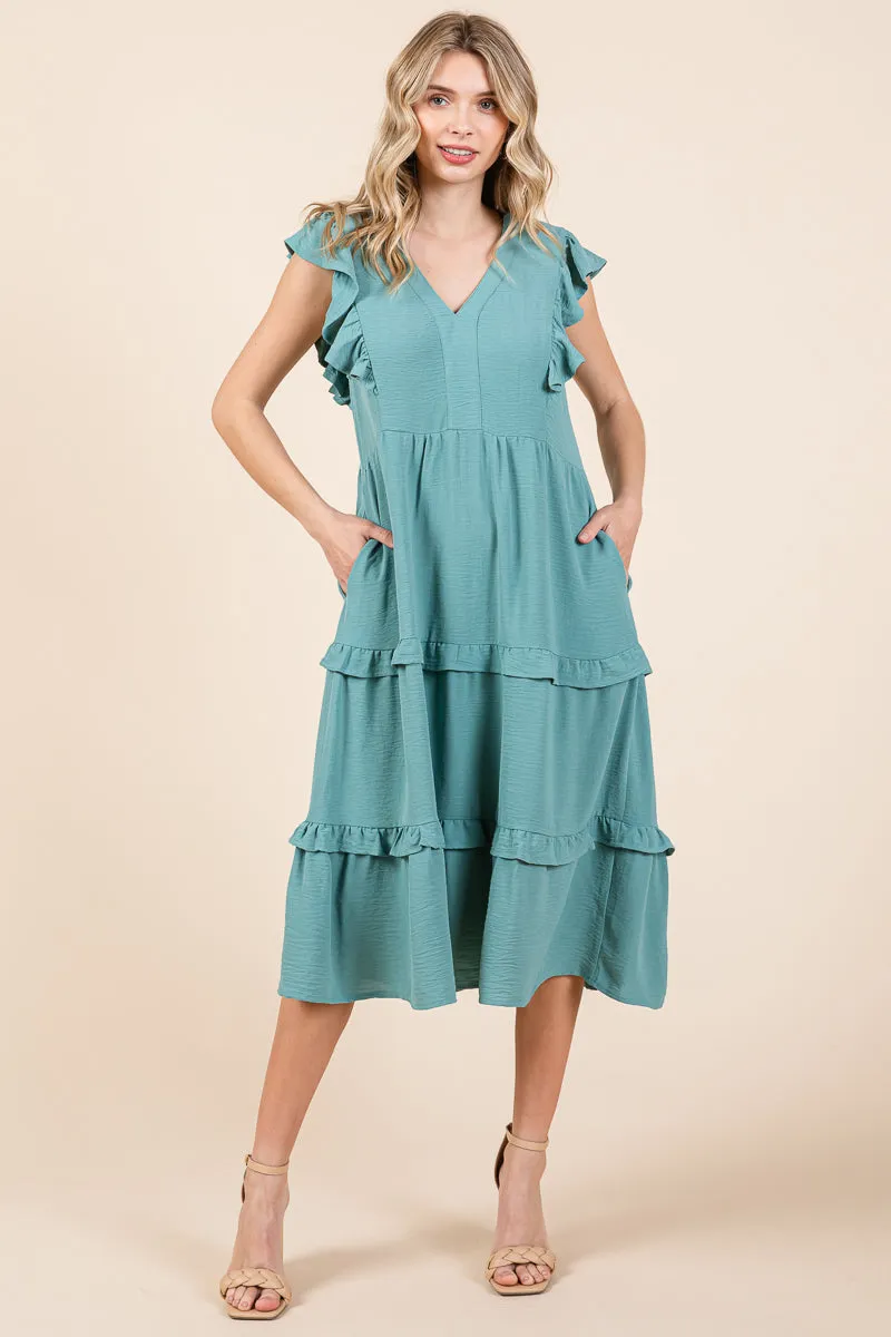 Ruffled Cap Sleeve Tiered V neck Midi dress