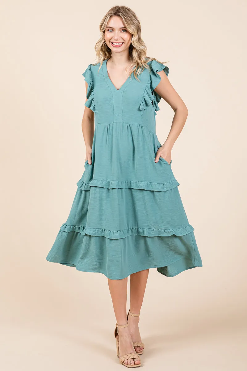 Ruffled Cap Sleeve Tiered V neck Midi dress