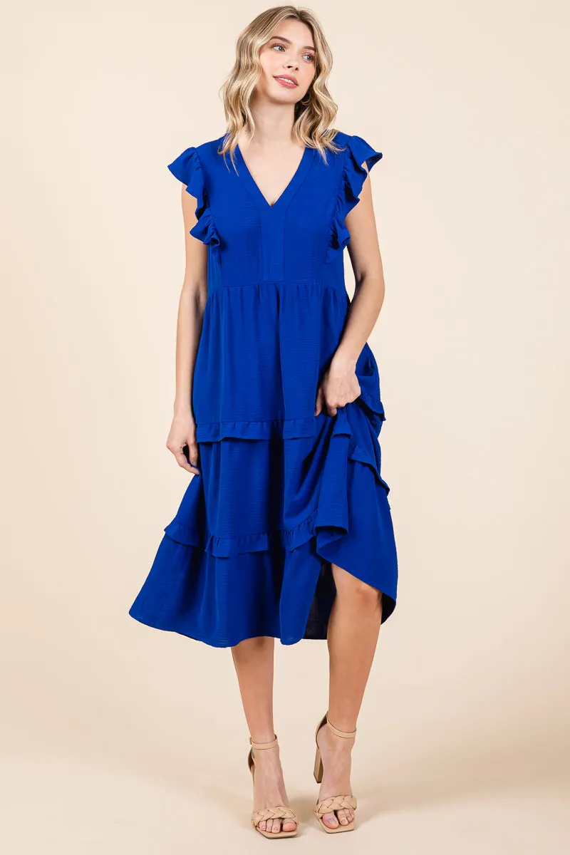 Ruffled Cap Sleeve Tiered V neck Midi dress