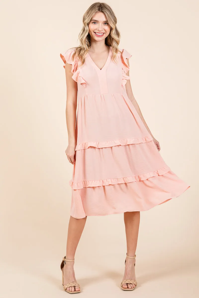 Ruffled Cap Sleeve Tiered V neck Midi dress