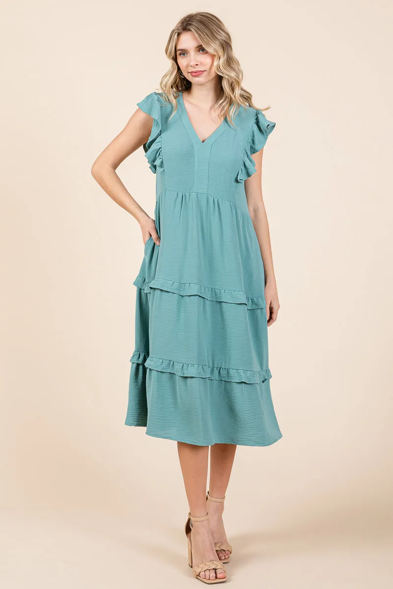 Ruffled Cap Sleeve Tiered V neck Midi dress