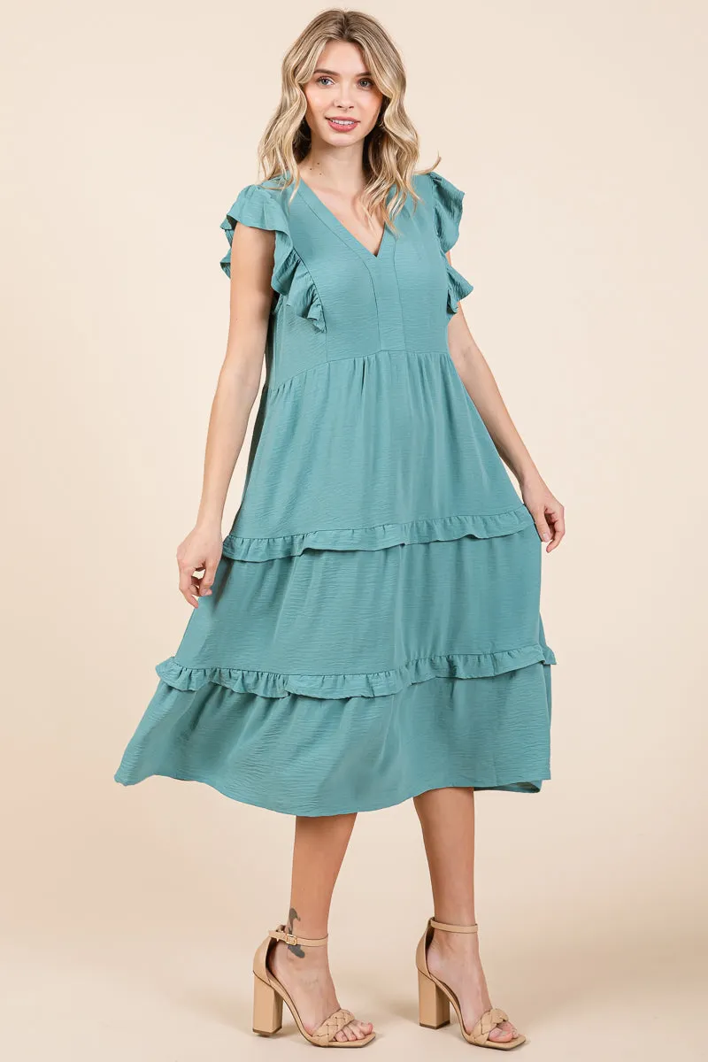 Ruffled Cap Sleeve Tiered V neck Midi dress