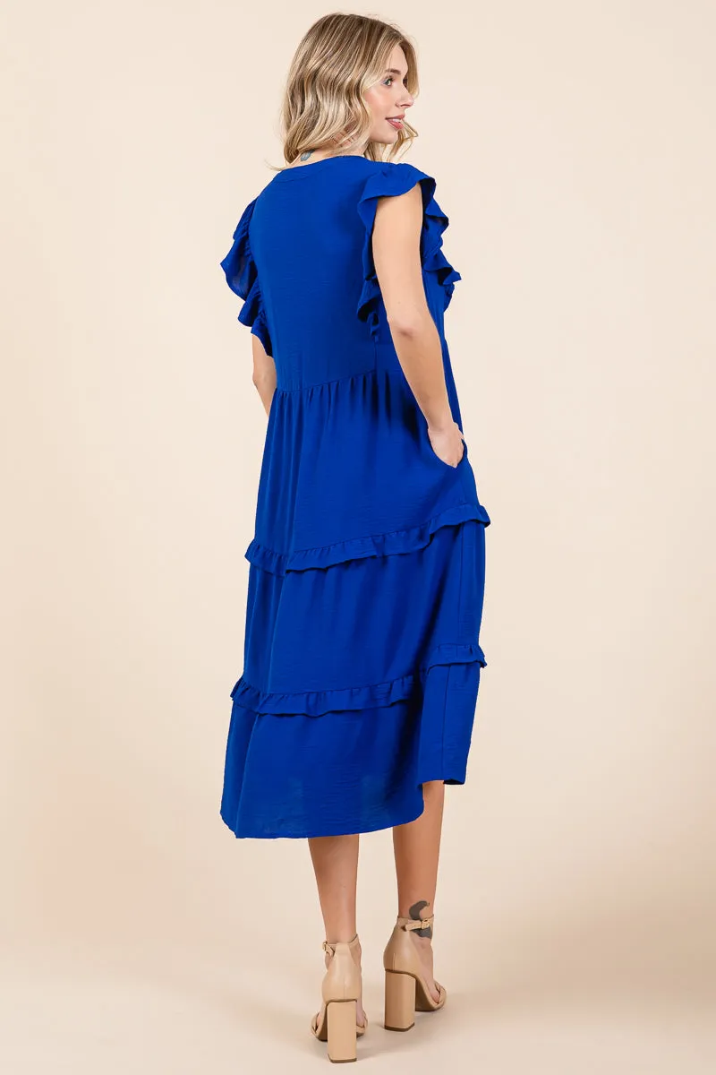 Ruffled Cap Sleeve Tiered V neck Midi dress