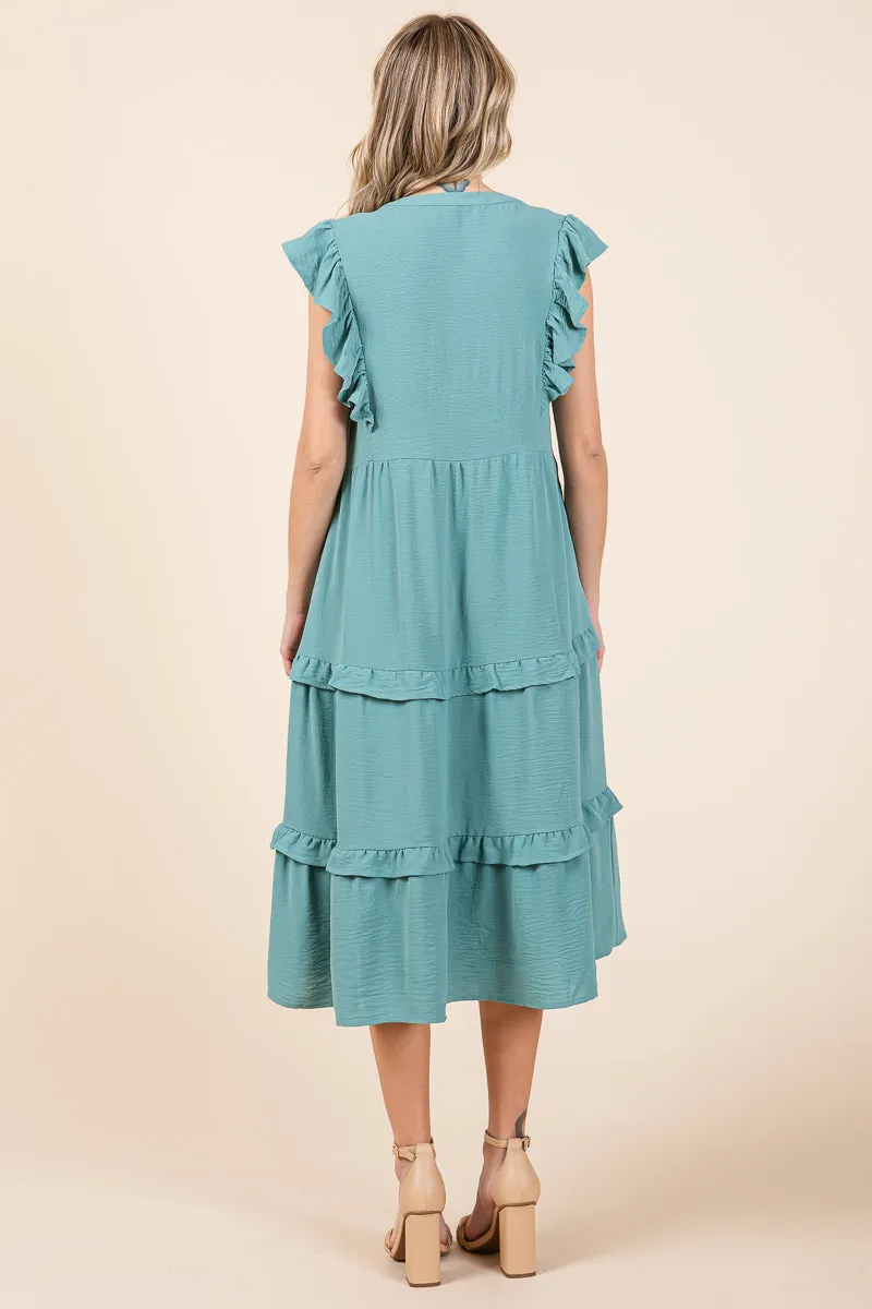 Ruffled Cap Sleeve Tiered V neck Midi dress