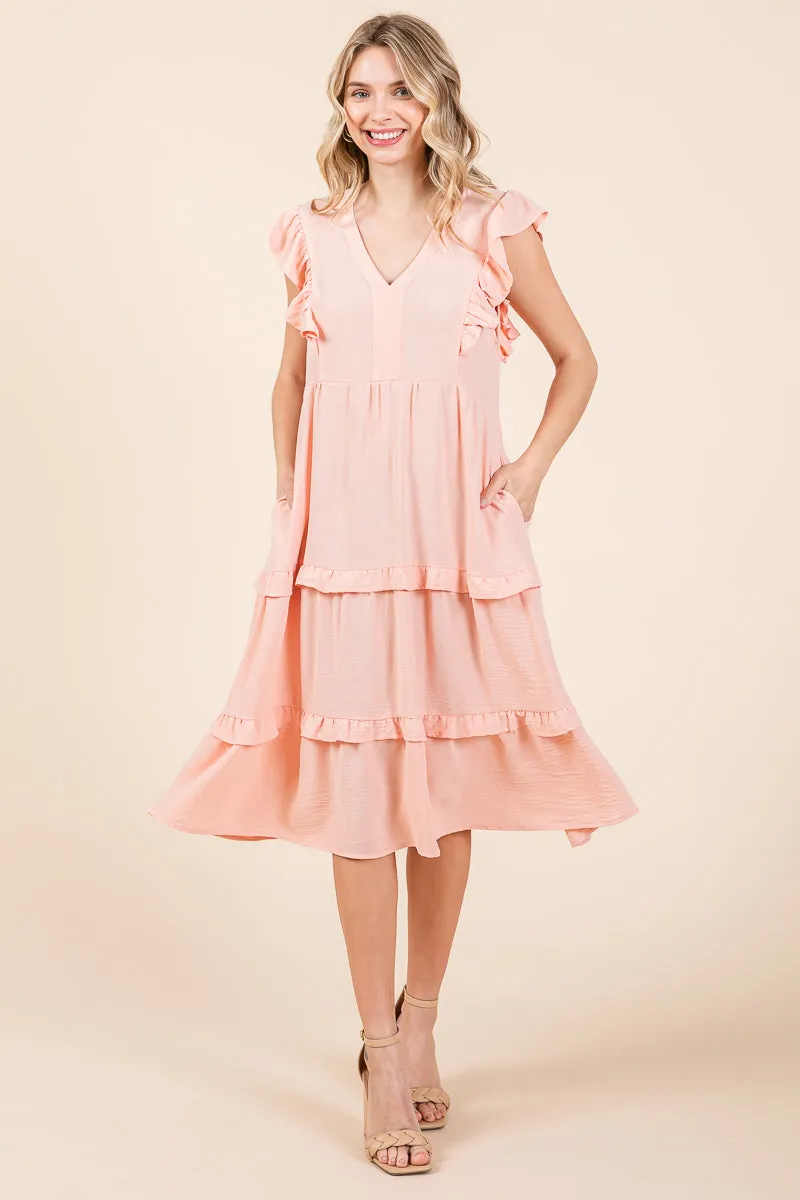 Ruffled Cap Sleeve Tiered V neck Midi dress