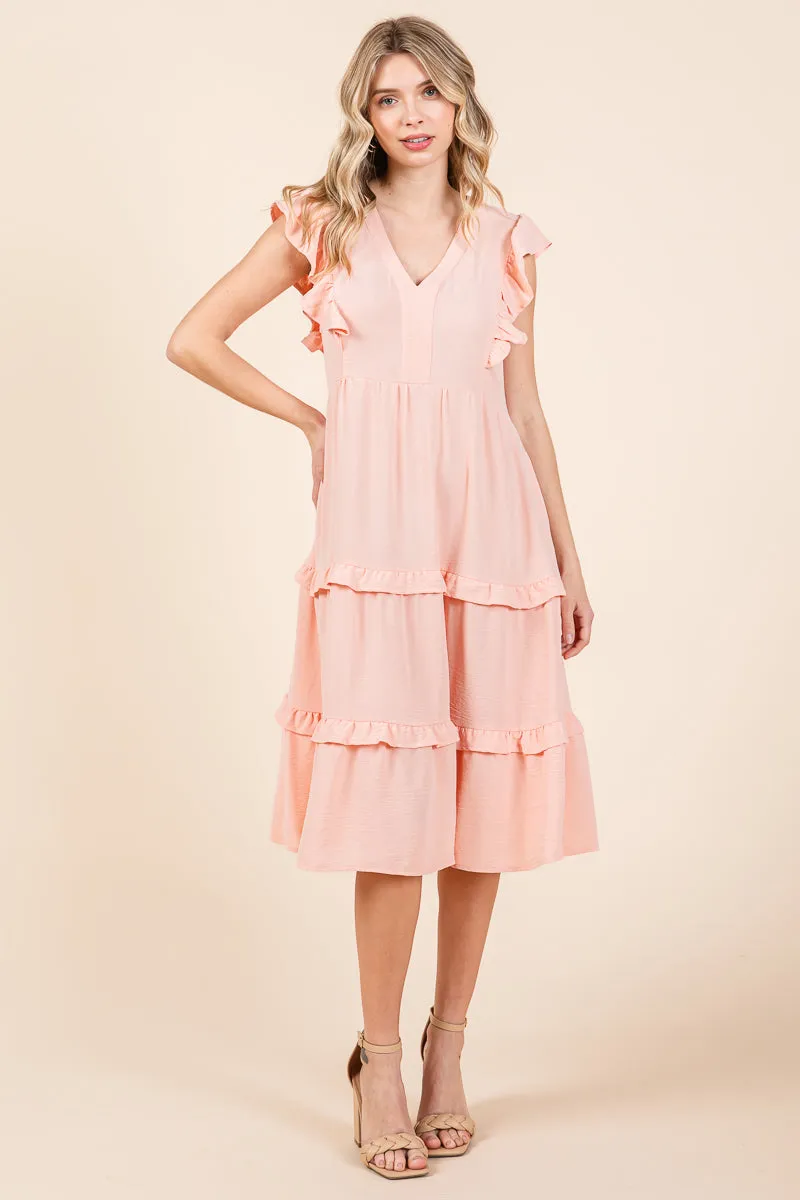 Ruffled Cap Sleeve Tiered V neck Midi dress