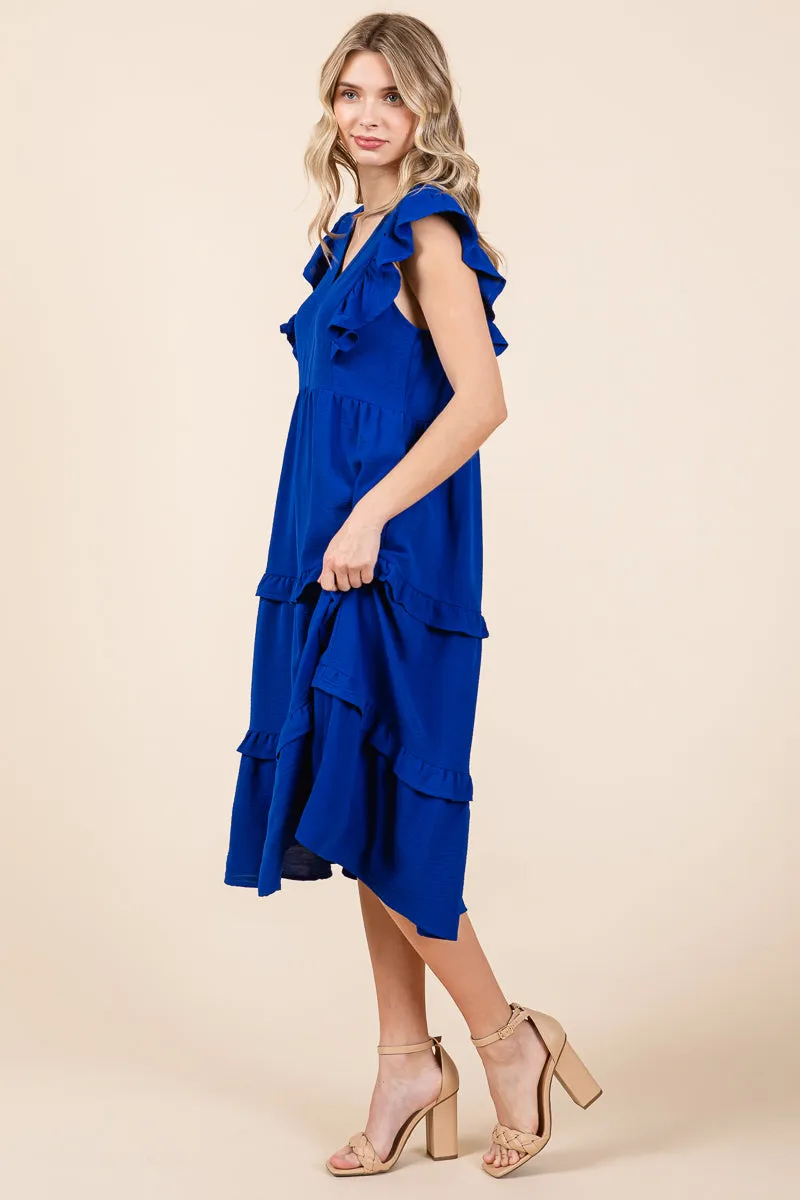 Ruffled Cap Sleeve Tiered V neck Midi dress