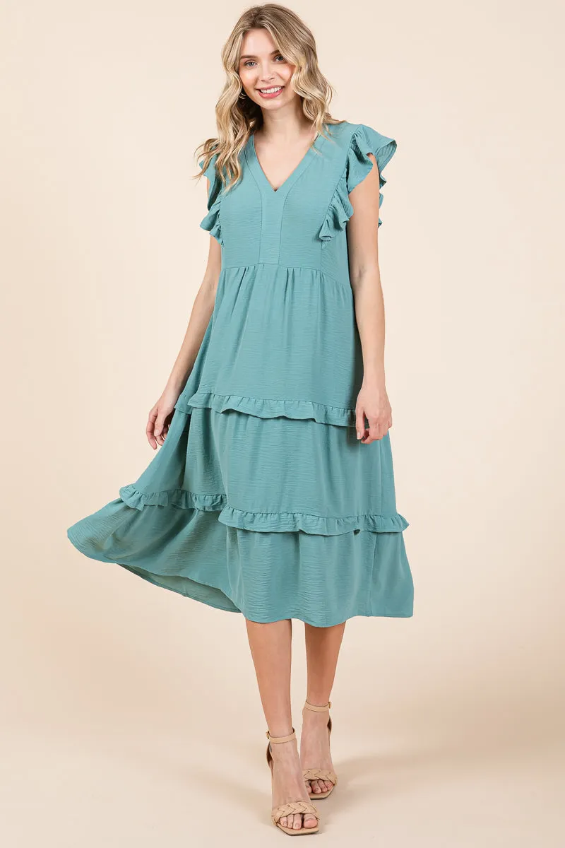 Ruffled Cap Sleeve Tiered V neck Midi dress