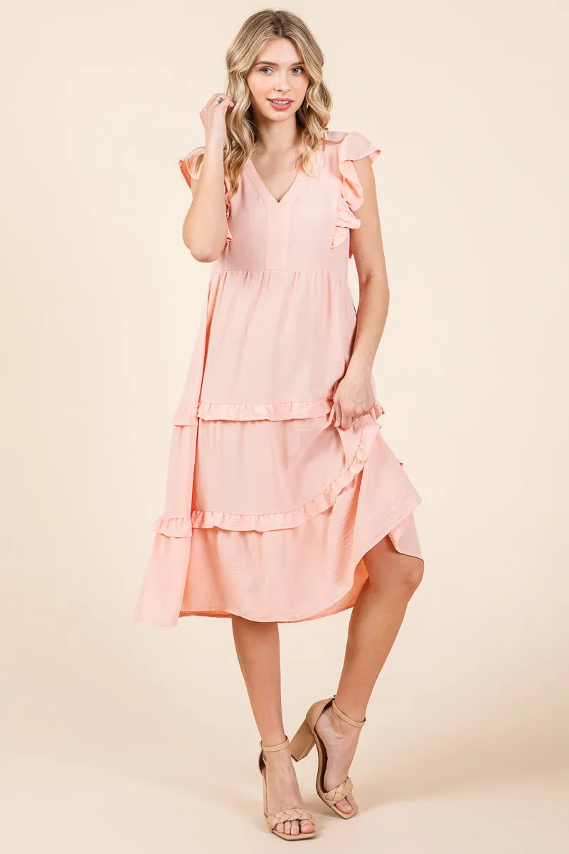 Ruffled Cap Sleeve Tiered V neck Midi dress