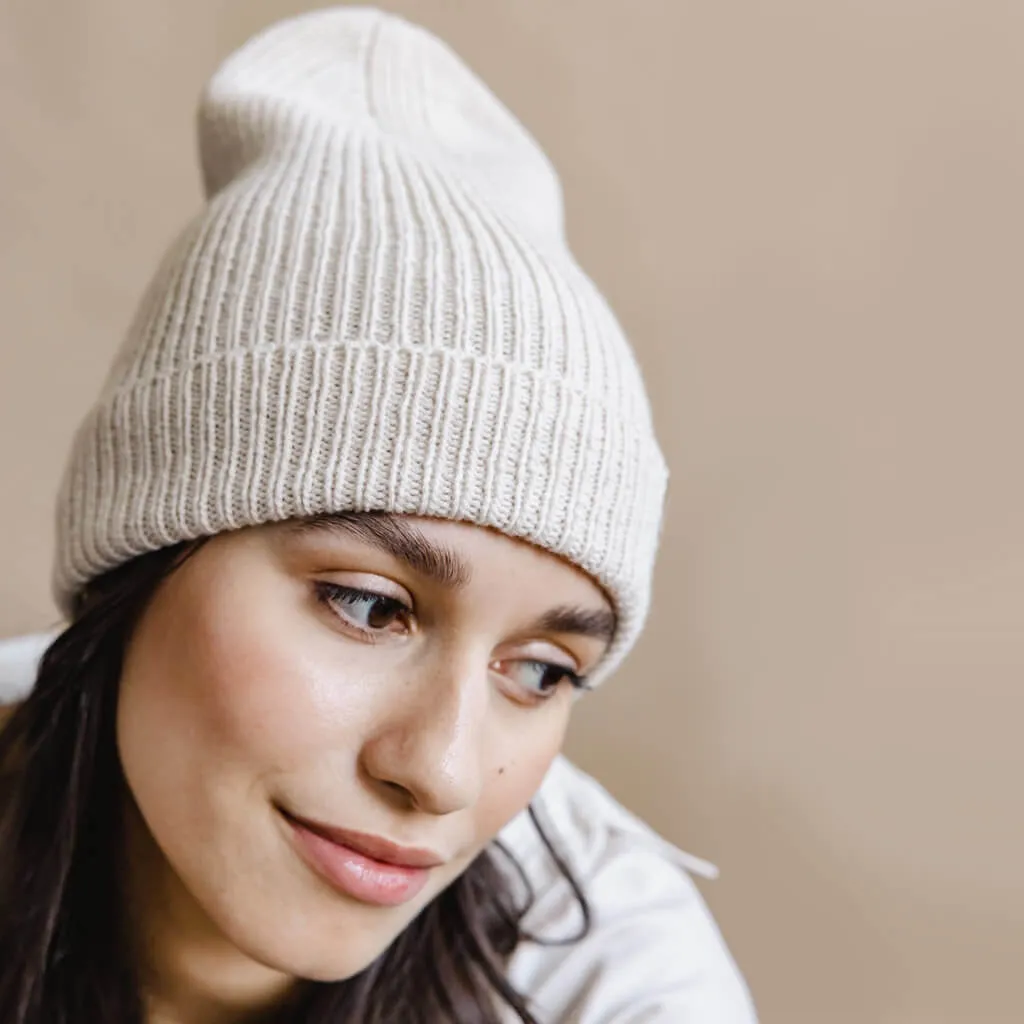 SALE - Merino Handknit Beanie Hat - Almond White