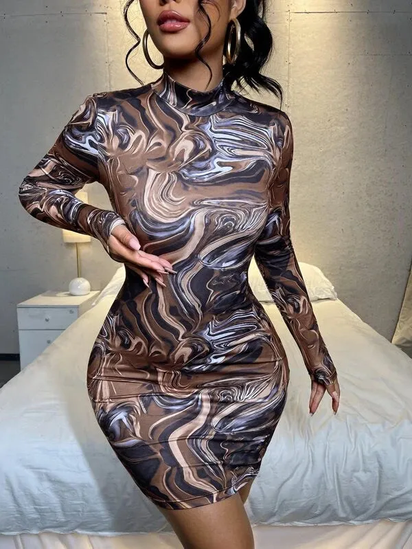 Sexy Brown & Black Abstract Wave Bodycon Mini Dress