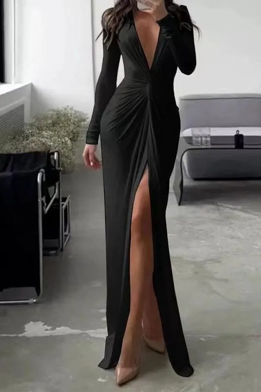 Sexy Slit V Neck Long Sleeve Bodycon Pleated Dress