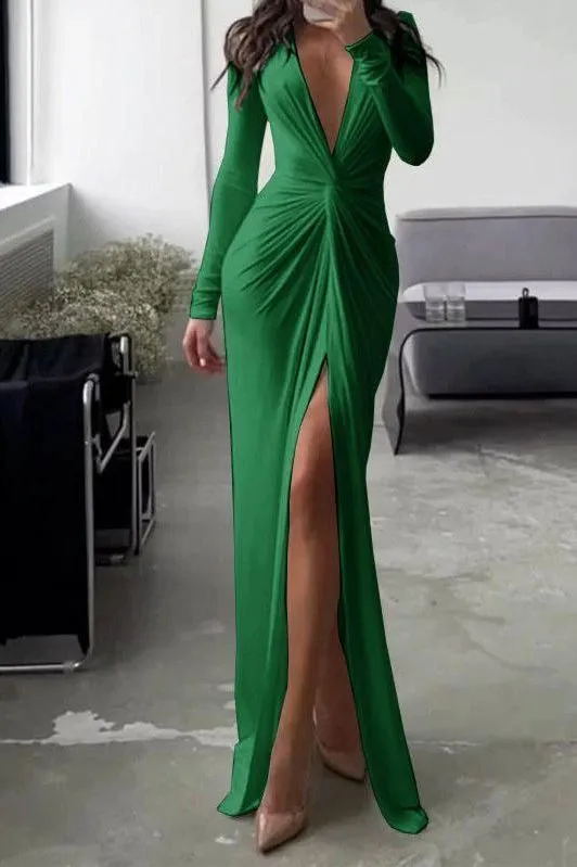 Sexy Slit V Neck Long Sleeve Bodycon Pleated Dress