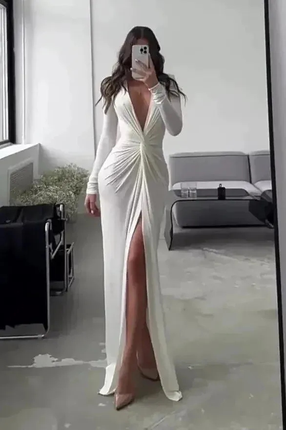 Sexy Slit V Neck Long Sleeve Bodycon Pleated Dress