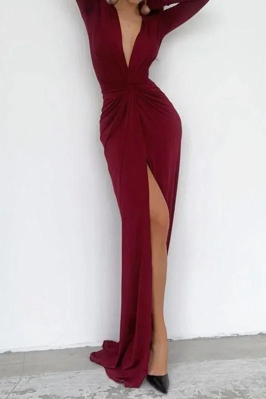 Sexy Slit V Neck Long Sleeve Bodycon Pleated Dress