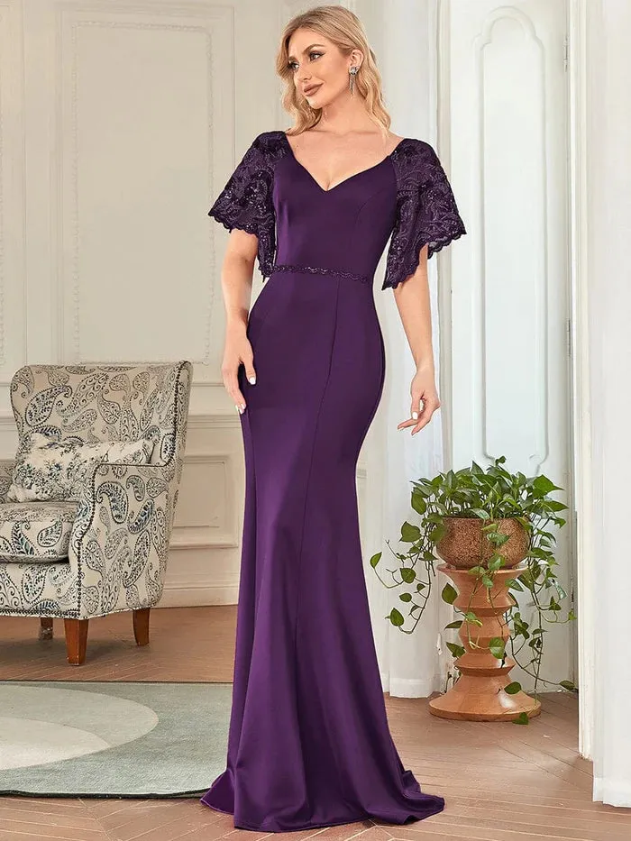 Sexy V Neck Maxi Bodycon Evening Dress with Flare Sleeves