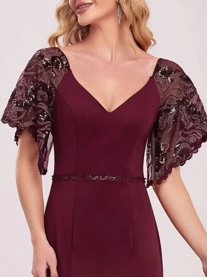 Sexy V Neck Maxi Bodycon Evening Dress with Flare Sleeves