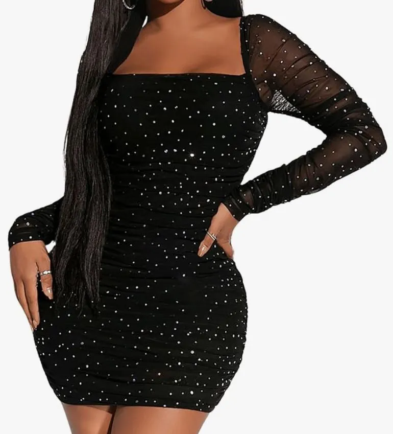 Sheer Sleeved Sparkle Bodycon Mini Dress in Black