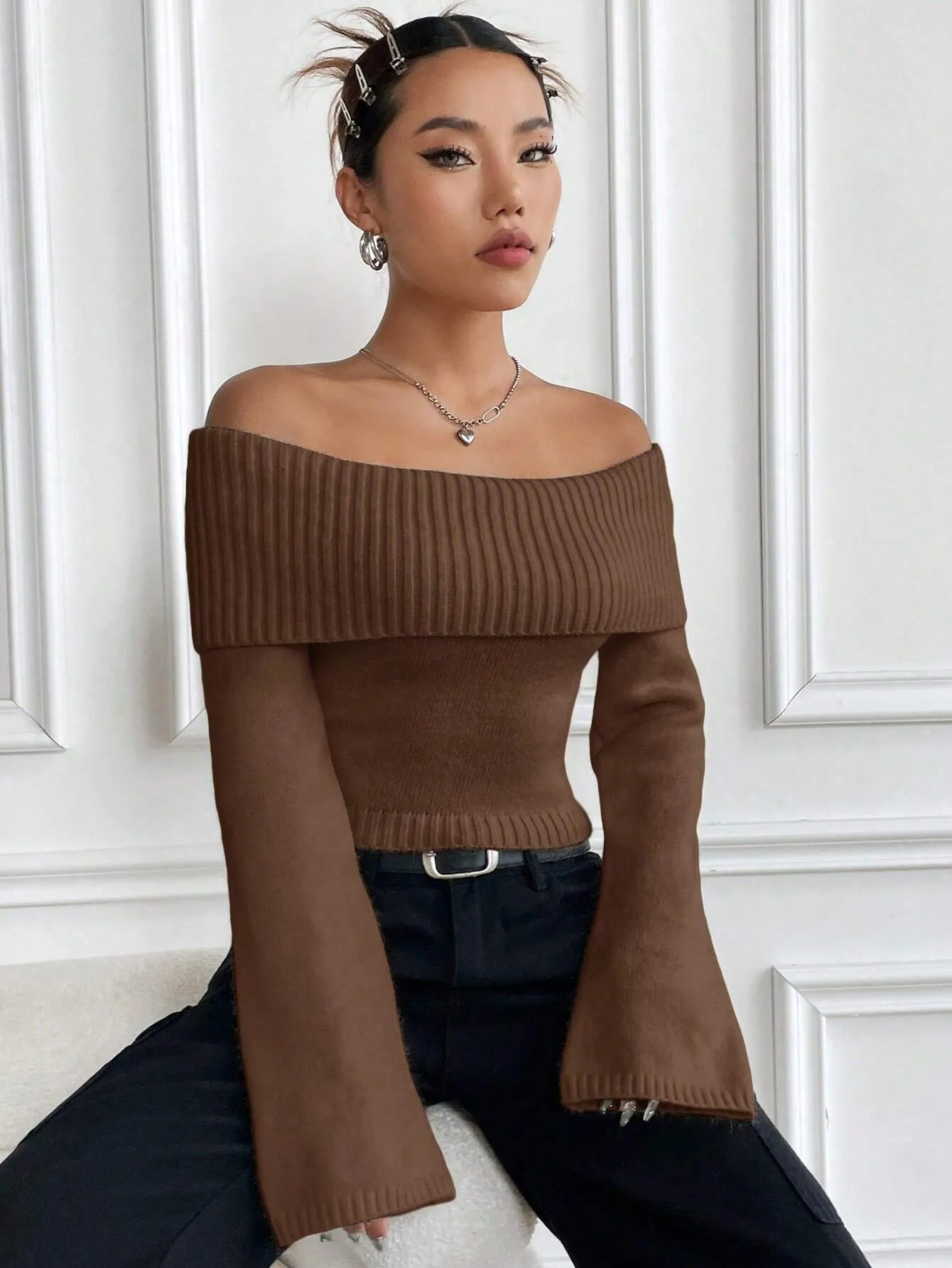 SHEIN MOOSTA Off-Shoulder Casual All-Match Sweater