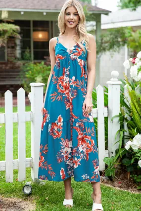 Sky Blue Strappy Open Back Floral Maxi Dress, Summer, Vacation, Bohemian