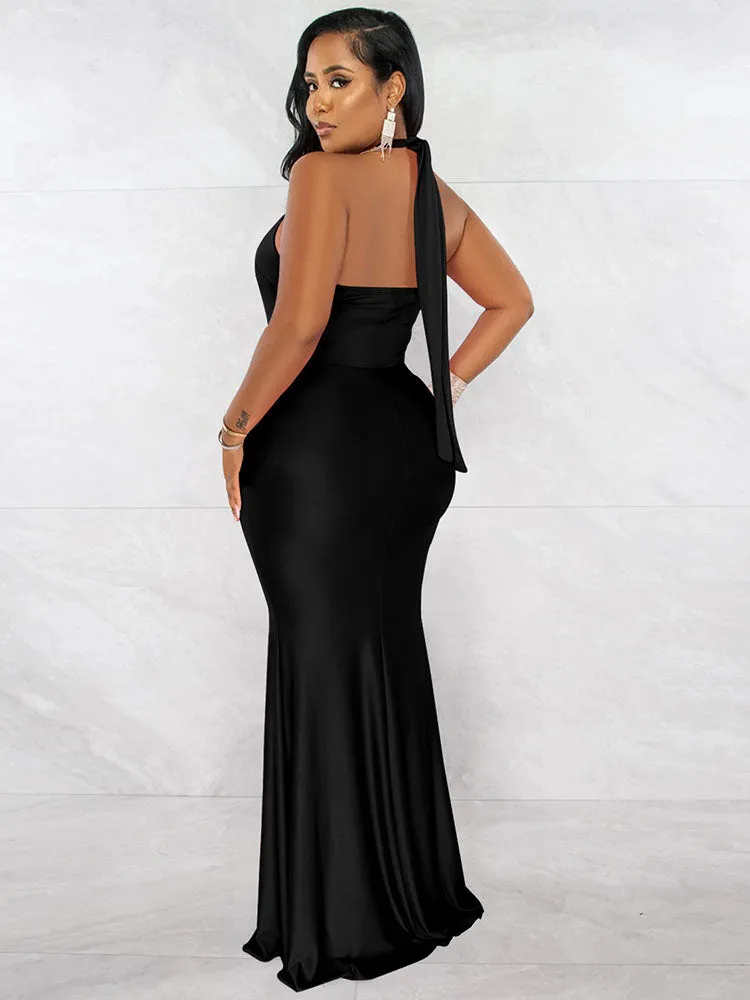 Sleeveless Halter Neck Ruched Bodycon Maxi Dresses