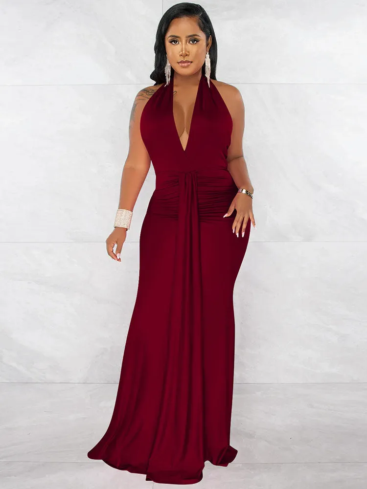 Sleeveless Halter Neck Ruched Bodycon Maxi Dresses