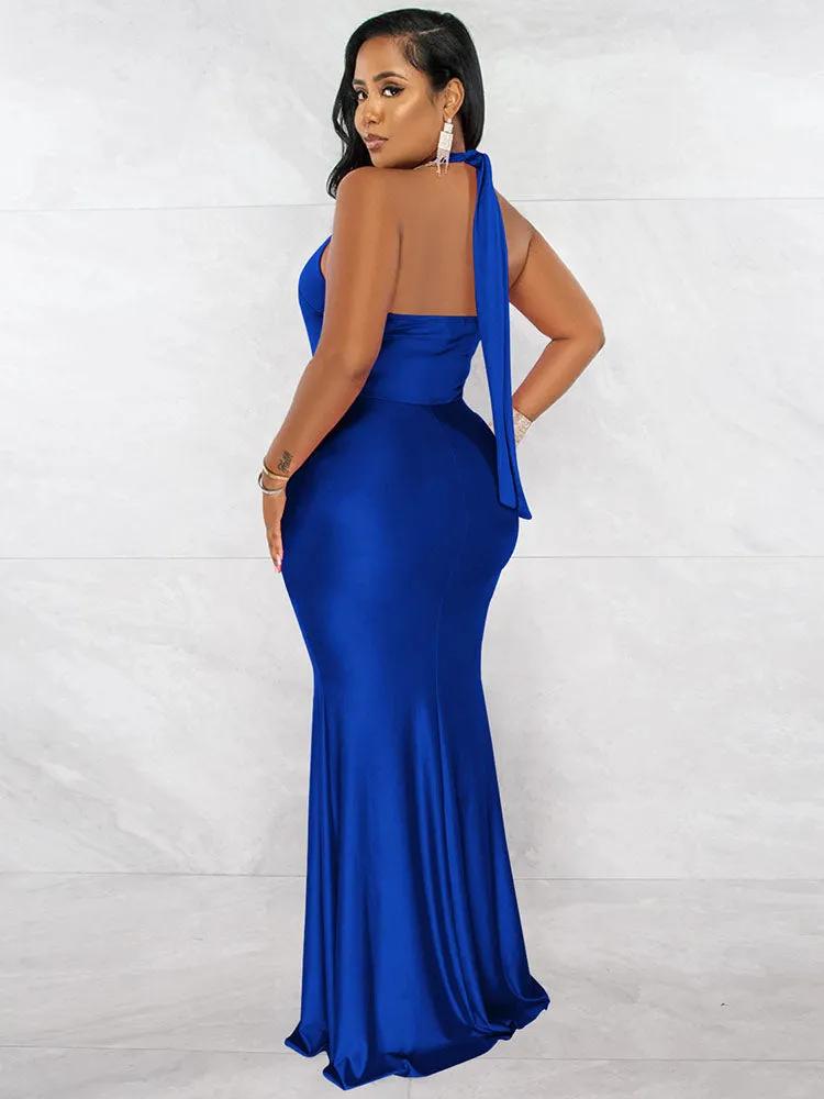 Sleeveless Halter Neck Ruched Bodycon Maxi Dresses