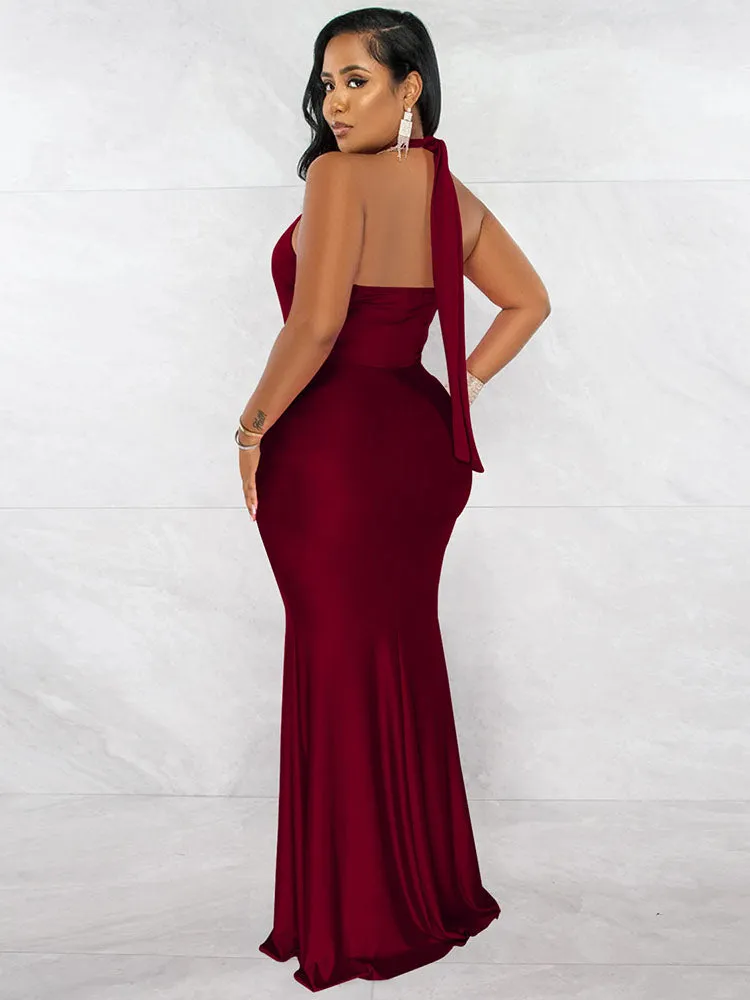 Sleeveless Halter Neck Ruched Bodycon Maxi Dresses