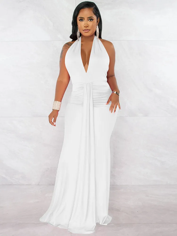 Sleeveless Halter Neck Ruched Bodycon Maxi Dresses