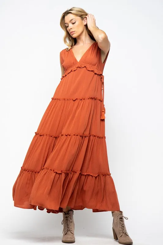 SLEEVELESS TIERED RUFFLE MAXI DRESS