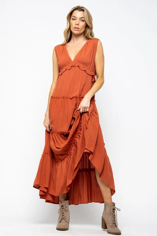 SLEEVELESS TIERED RUFFLE MAXI DRESS