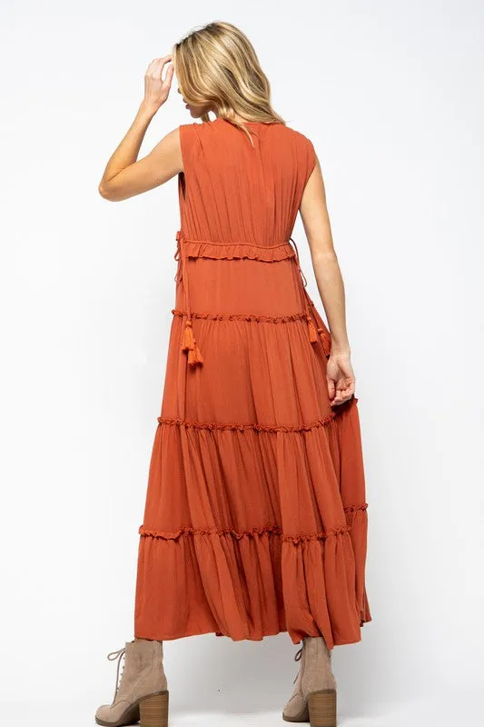 SLEEVELESS TIERED RUFFLE MAXI DRESS