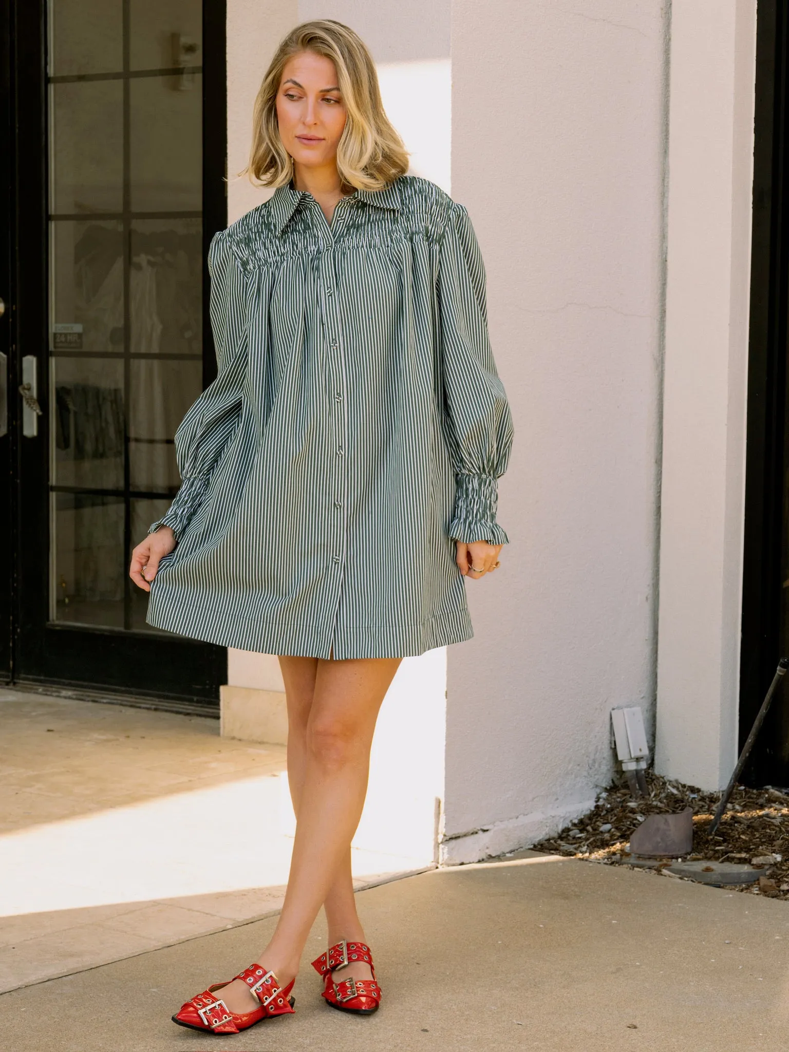 Smocked Green Stripe Mini Shirt Dress