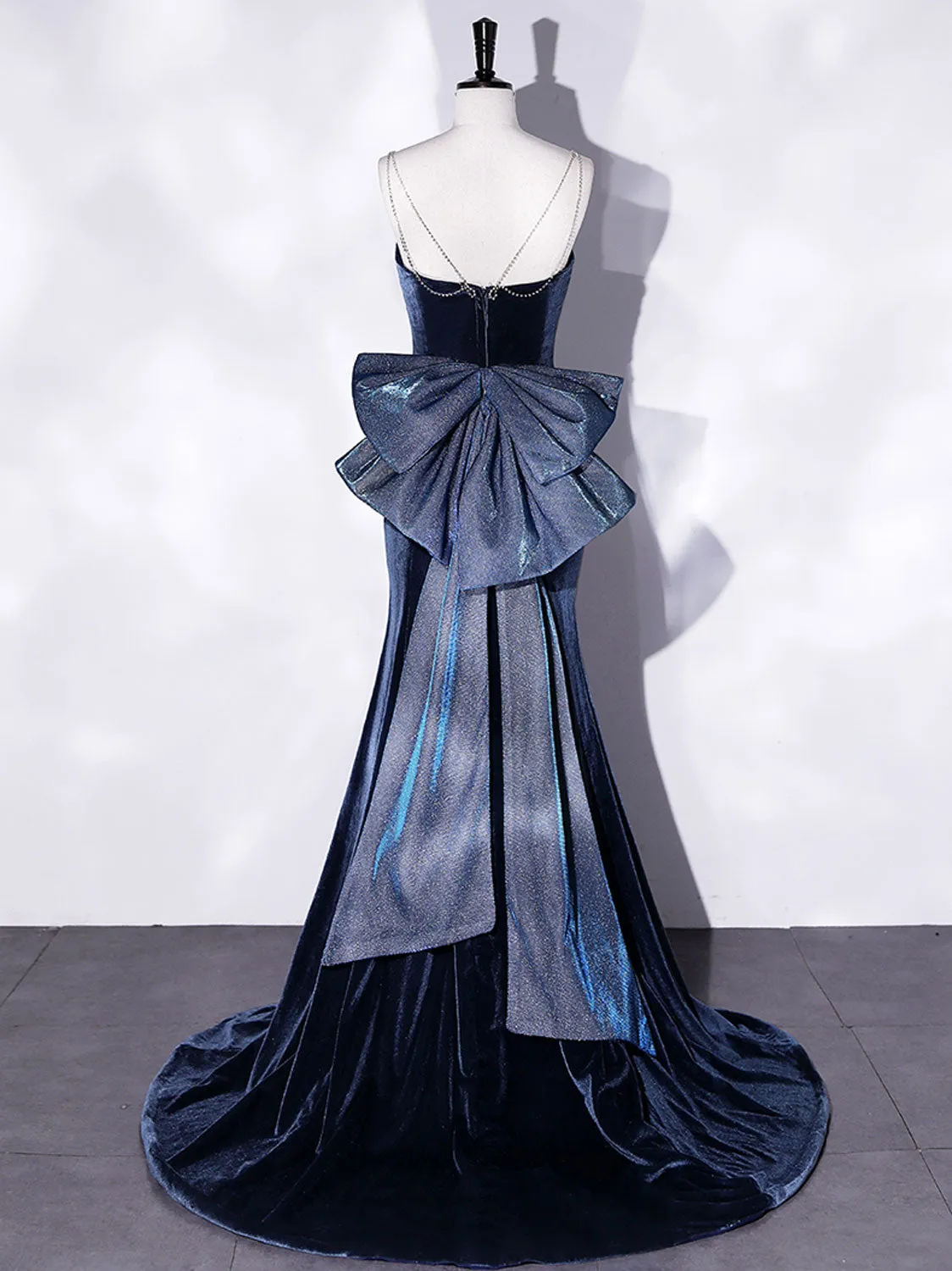 Spaghetti Strap Blue Velvet Mermaid Prom Dress with Big Bow Back