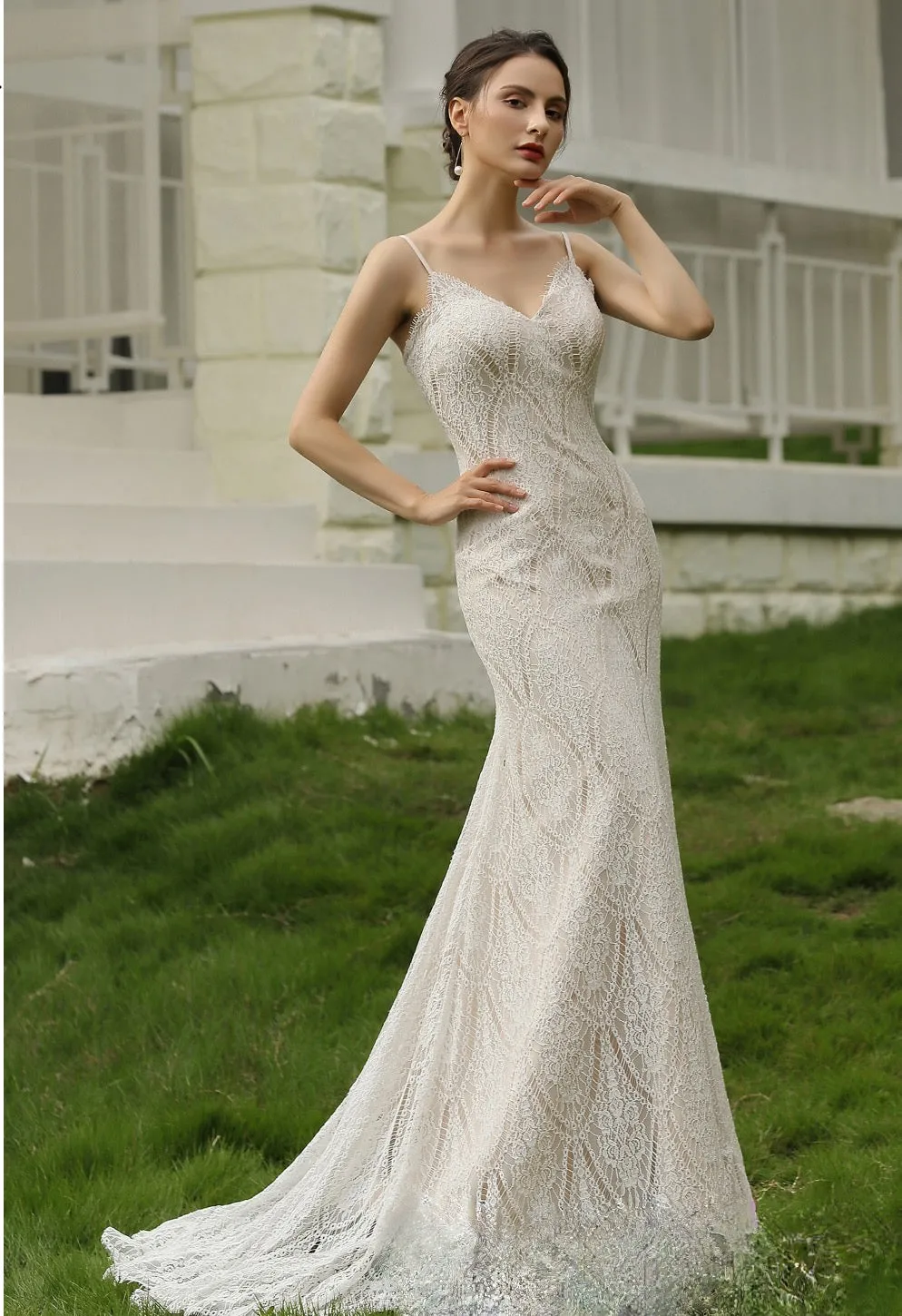 Spaghetti Straps Lace Sheath Wedding Gown