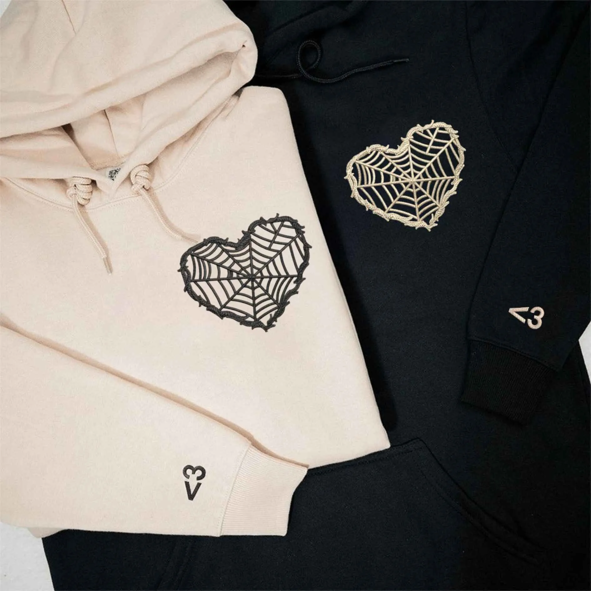 Spider Web Heart Embroidered Couple Hoodies - Personalized Matching Sweatshirts For Couples