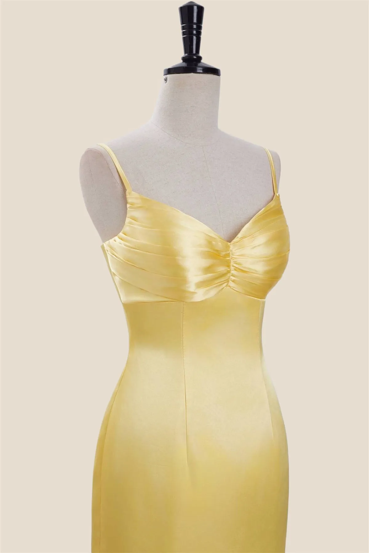 Straps Yellow Ruched Satin Bodycon Short Dress