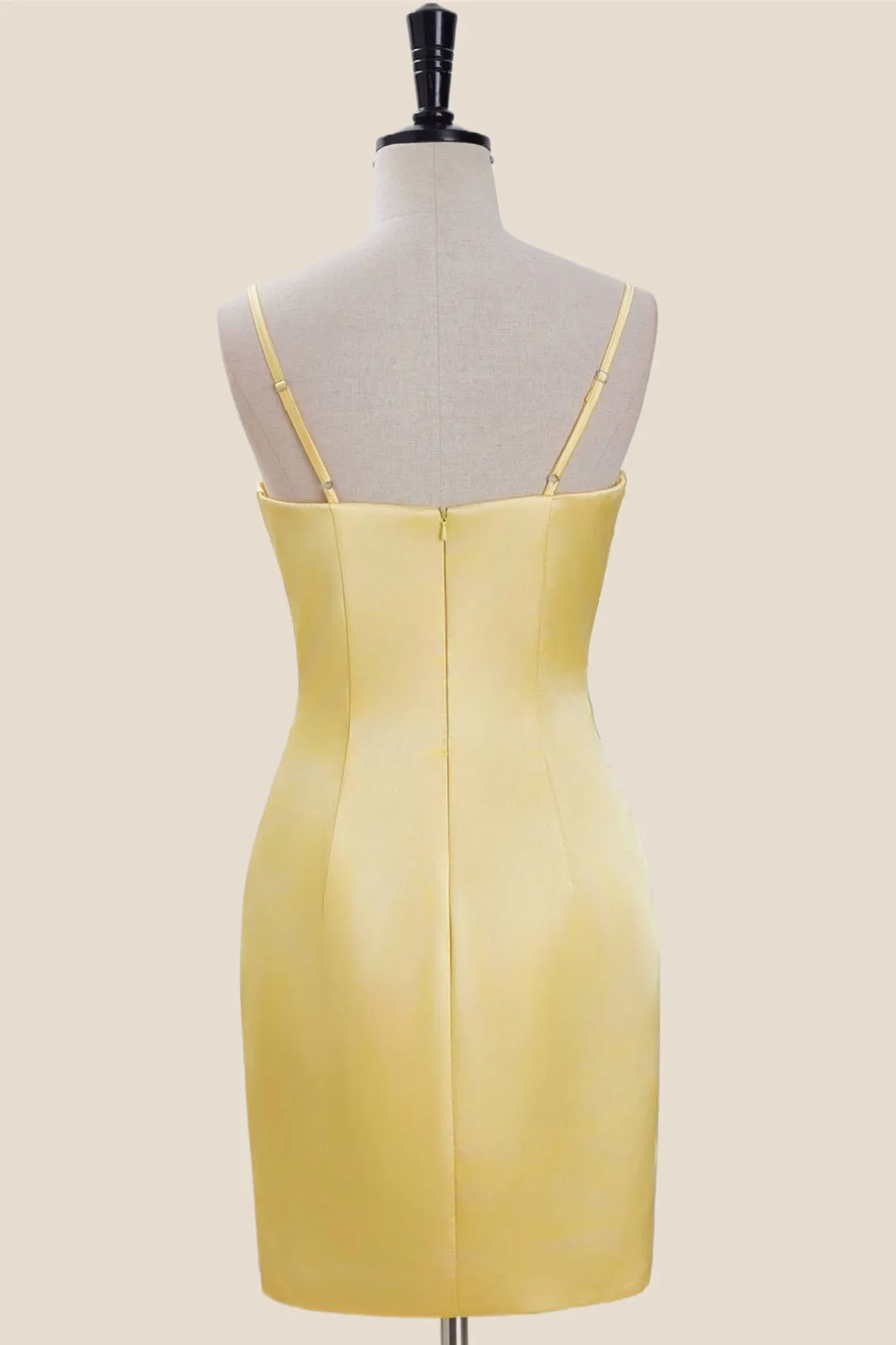 Straps Yellow Ruched Satin Bodycon Short Dress