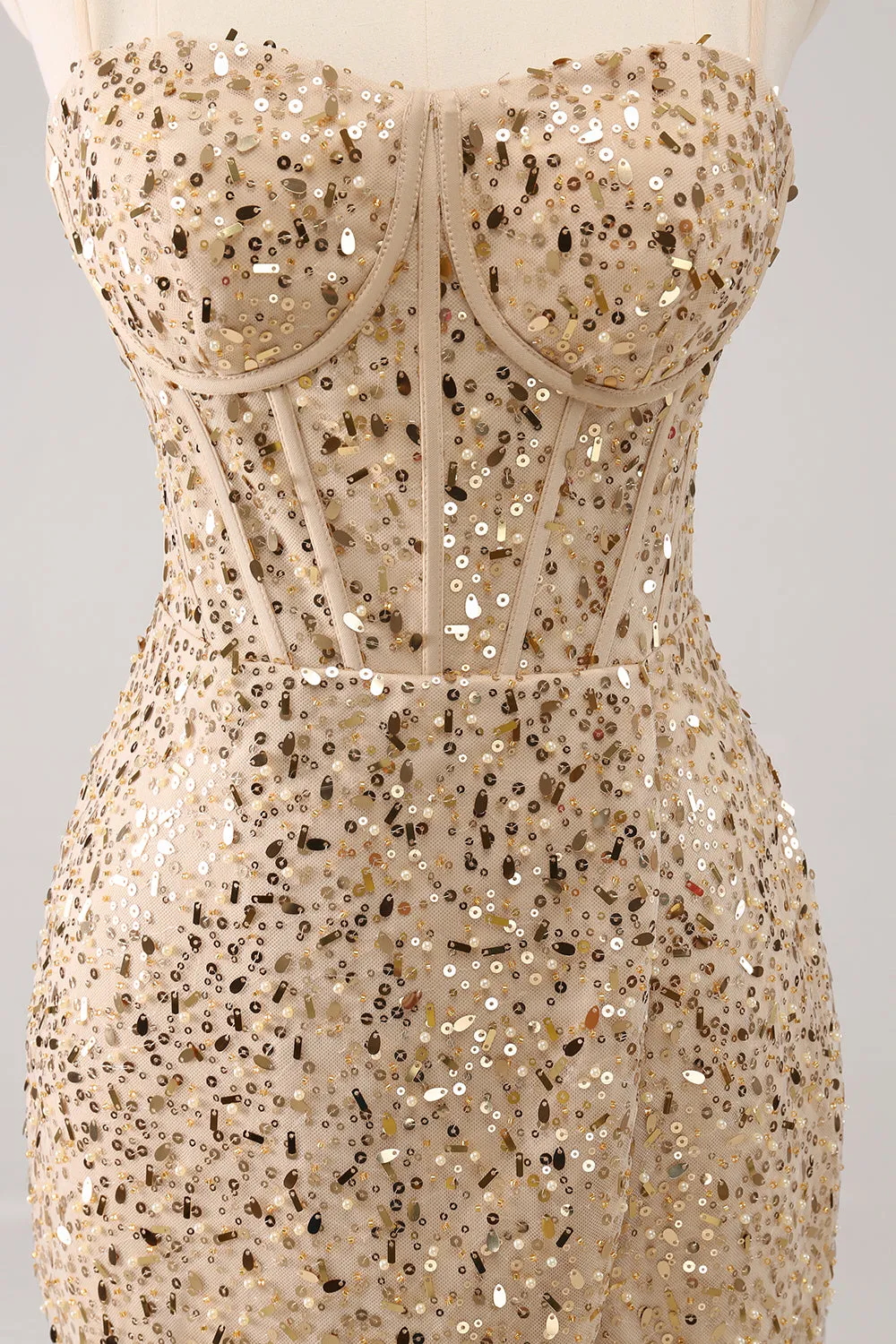 Stylish Golden Bodycon Spaghetti Straps Sequin Short Homecoming Dress